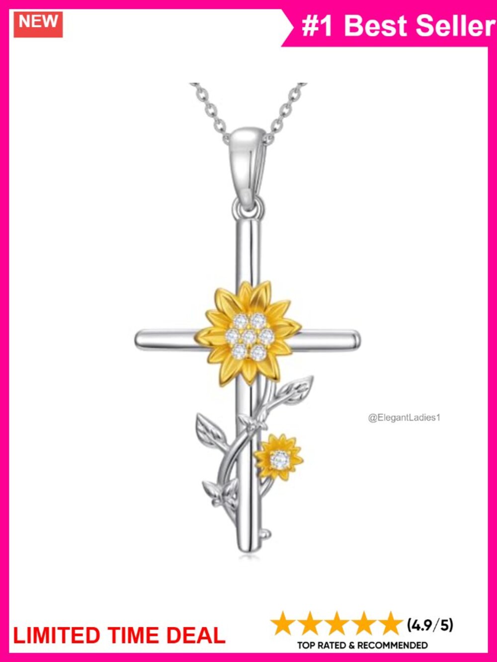 925 Sterling Silver Sunflower Cross Pendant Necklace 18" Christian Gift